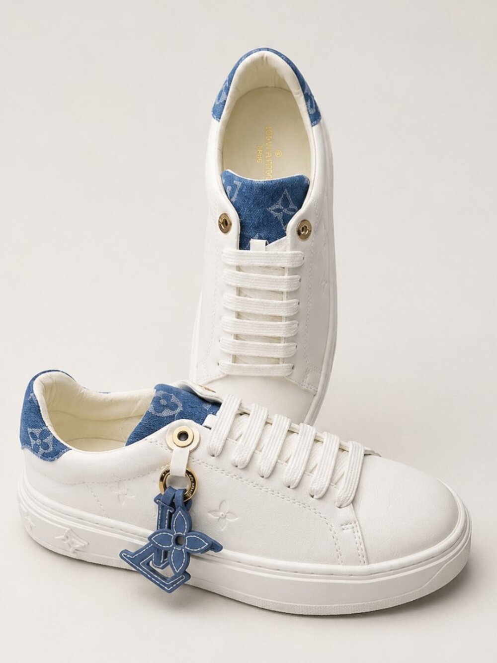 White Blue Denim Inspired Low Top Sneakers Charm Detail Size 39
